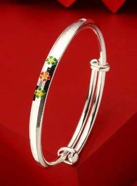 8018号足银999.9推拉CNC珐琅梅花手镯调节文艺国风直播爆款