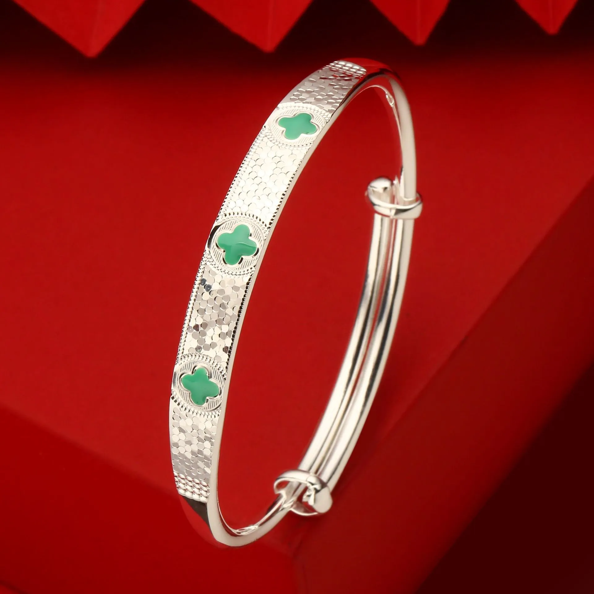 8036号足银999.9推拉碎冰冰珐琅四叶草手镯文艺国风直播爆款