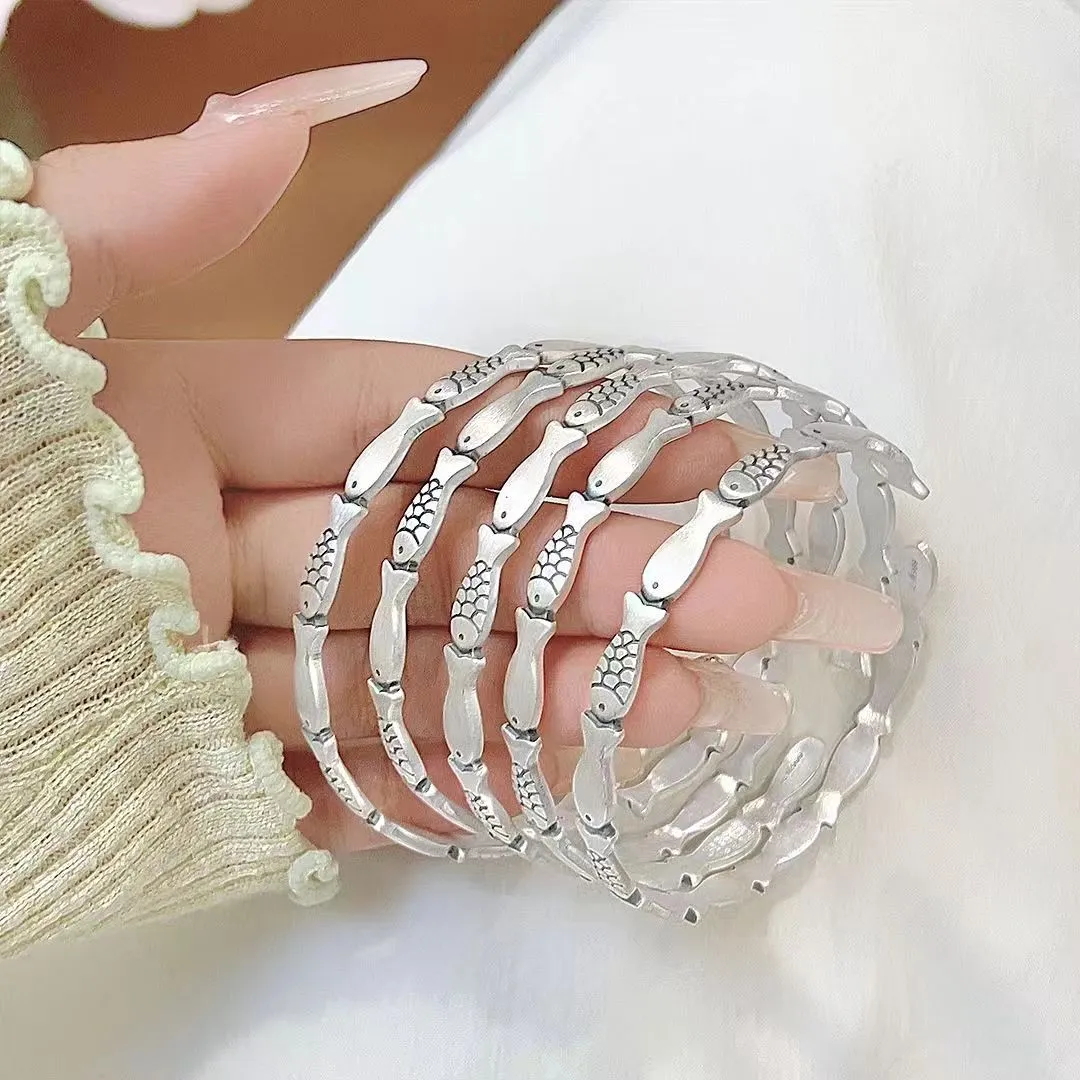 中国金铺足银9999复古年年有鱼手镯简约百搭男女开口纯银实心镯子