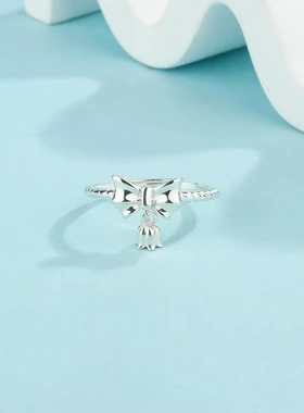 6304足银990开口蝴蝶结铃铛戒指在逃公主铃铛纯银戒指直播爆款