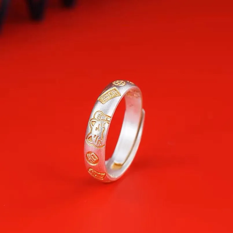 7338号足银999.9描金招财猫吉言戒指古法可调节实心直播爆款工厂