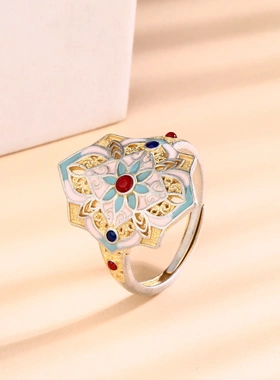 8593号足银990珐琅描金太阳花宫廷风戒指开口爆款国朝风戒指