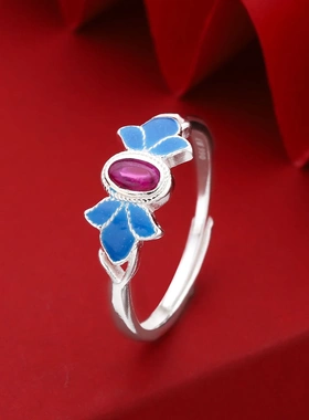 7401号足银990珐琅凤羽宫廷风戒指女纯银开口爆款国朝风戒指