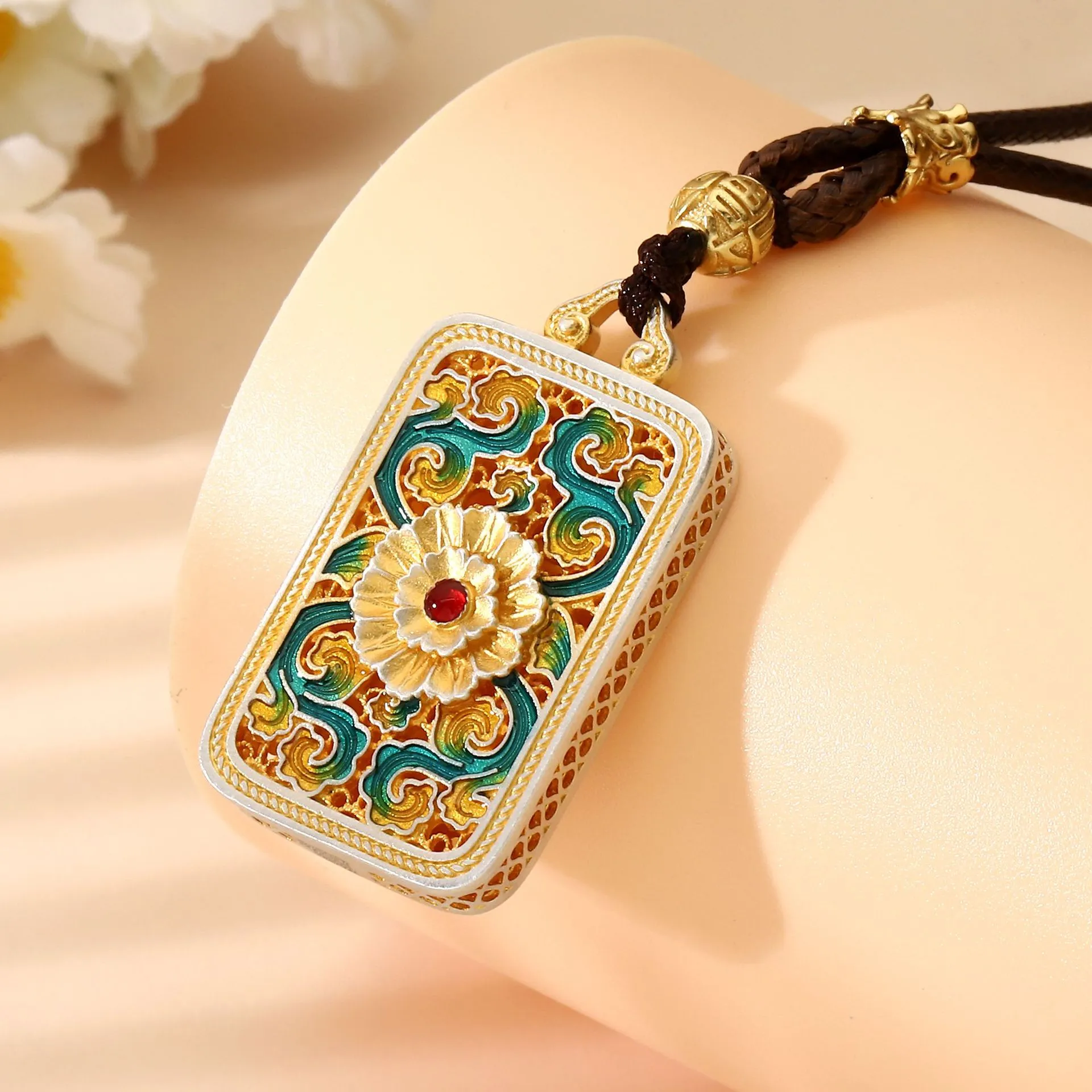 7407号足银999国潮风珐琅彩浮雕花开富贵吊坠项链新中式款国风