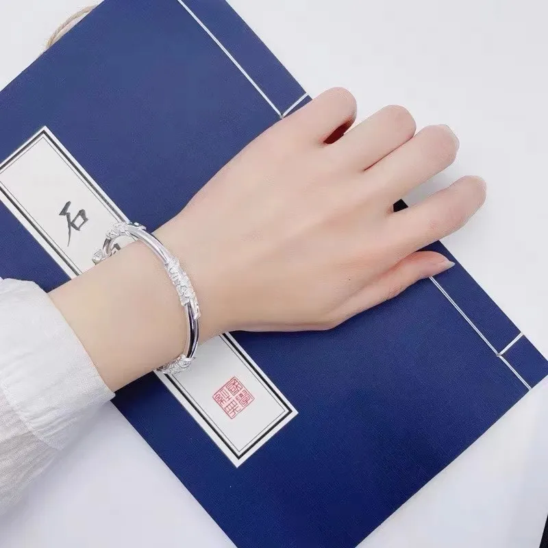 中国金铺9999足银手镯女繁花似锦手工花丝纯银镯子经典百搭送礼物