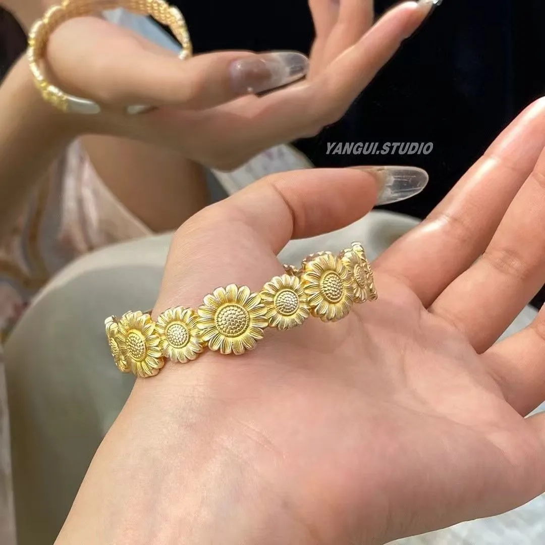 7007号足银999.9描金开口向日葵手镯精致时尚大气纯银国潮风镯子