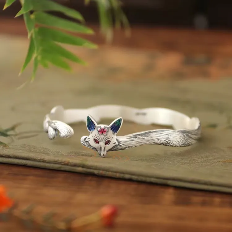 中国金铺复古珐琅灵狐足银9999手镯复古风实心开口纯银镯子送礼物