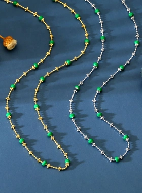 7515号S925银爱心抽拉绿色滴胶项链金色白金色项链轻奢时尚气质