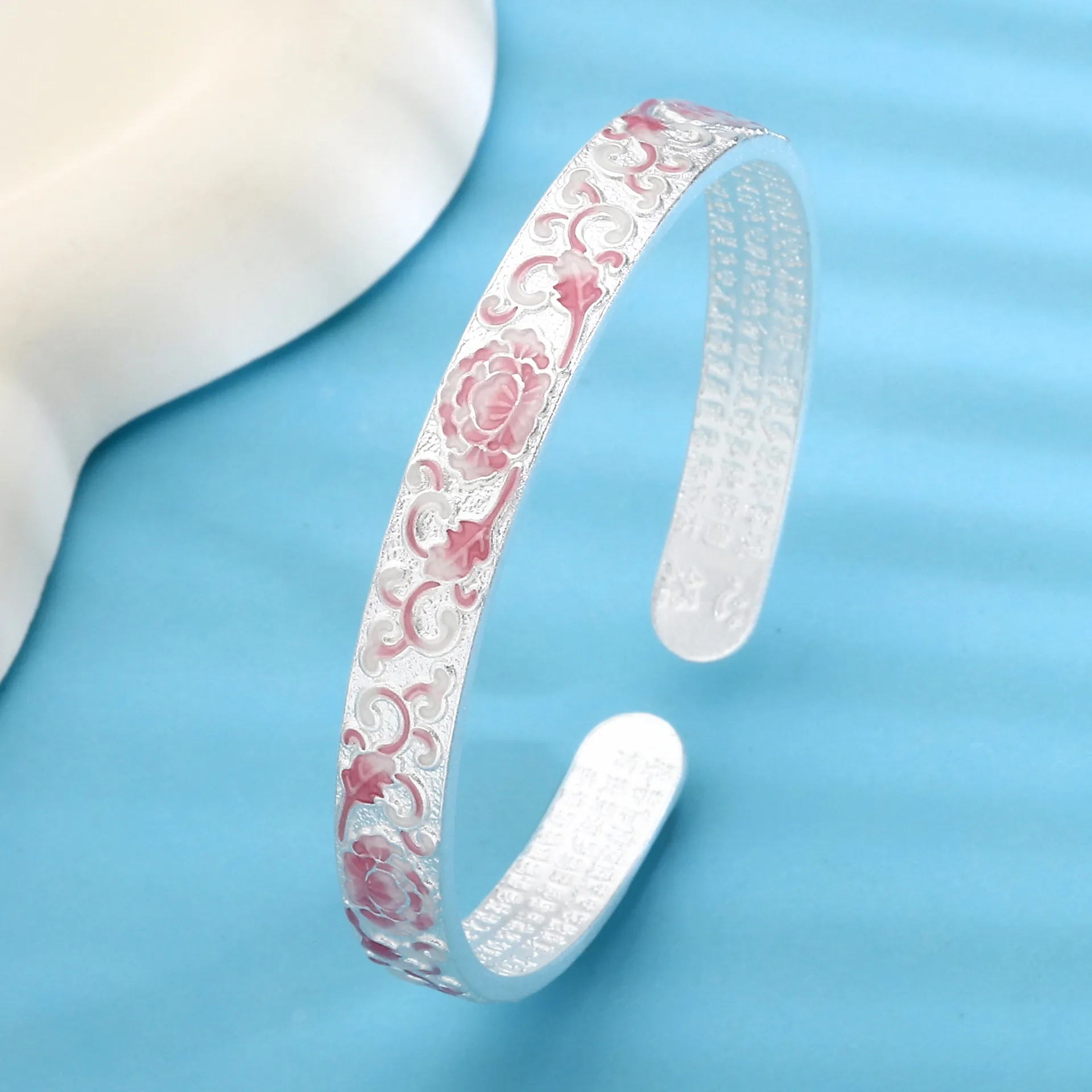 7418号足银999.9描金珐琅粉色莲花国风新中式珐琅手镯百搭送妈妈