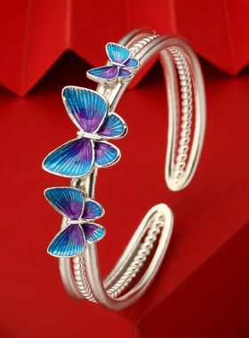 8037号足银999.9渐变蓝色珐琅麻花线蝴蝶手镯国风直播爆款
