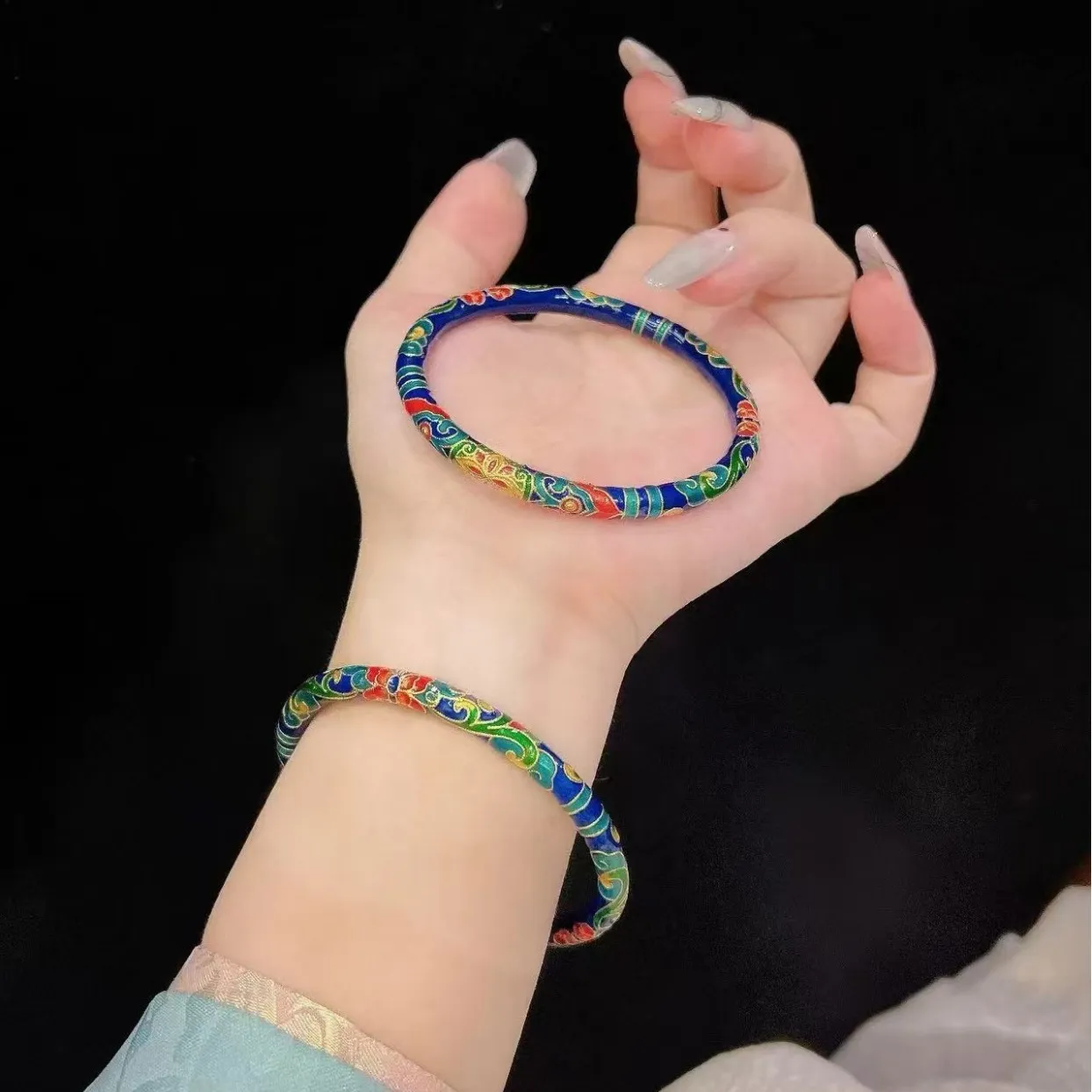 中国金铺9999足银手镯珐琅彩景泰蓝纯银镯子气质国风百搭实心手环