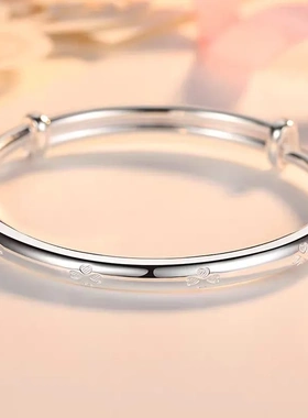 四叶草银手镯女999纯银年轻款女士新款时尚推拉式足银镯子送女友