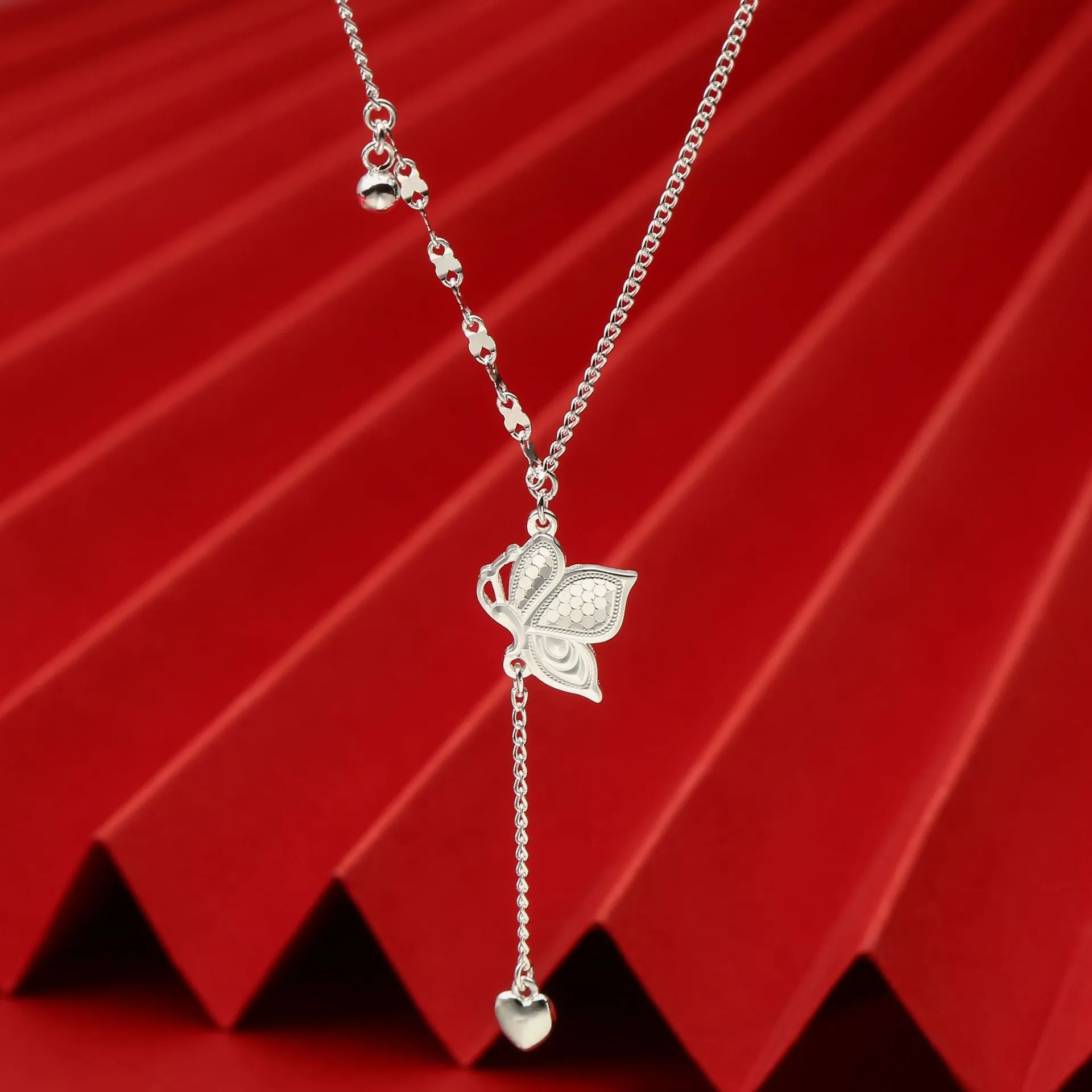 7847号足银999.9碎冰蝴蝶流苏爱心项链蝶恋花情人节礼物工厂直销