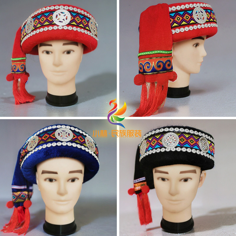少数民族苗族圆盘绣花帽子哈尼族拉祜族男帽红黑色成人儿童同款