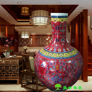 景德镇陶瓷器落地花瓶红色缠枝莲纹天球瓶中式客厅装饰摆件插花瓶