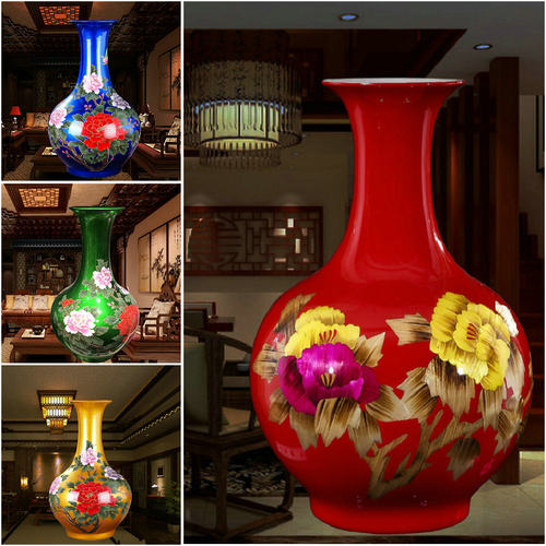 景德镇陶瓷器花瓶红色黄蓝牡丹插花家居现代中式客厅摆件装饰摆设 - 封面