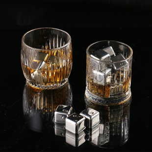 酒吧ktv啤酒杯时尚 威士忌玻璃杯子配304不锈钢冰粒套装 洋酒杯家用