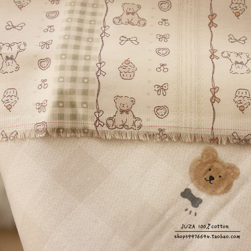 复古熊全棉纯棉布料衣服床笠床品床单被套衣服diy大肠发圈面料