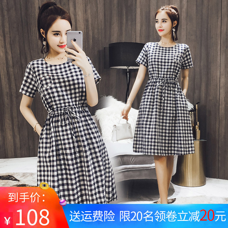 格子连衣裙女2018夏季新款女装韩版宽松抽绳收腰短袖棉布透气裙子|ruв категории Женская одежда, платье - от Buy2taobao.com для оказания профессиональной услуги покупки агента Taobao