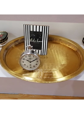 印度黄铜美式轻奢金属大号茶盘复古雕花客厅别墅会所手工托盘摆件