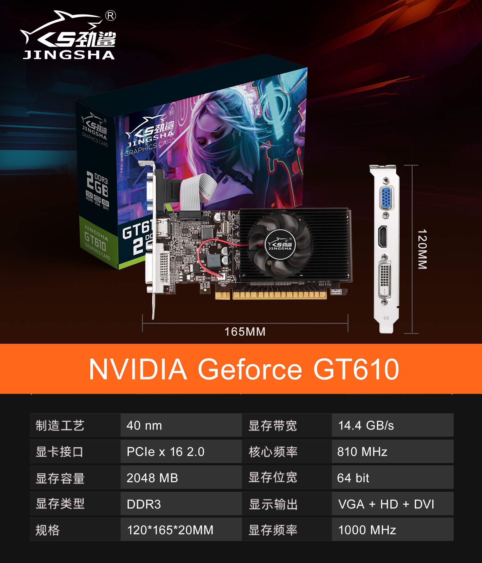 劲鲨GT610DDR3HDMI+DVI+VGA全新