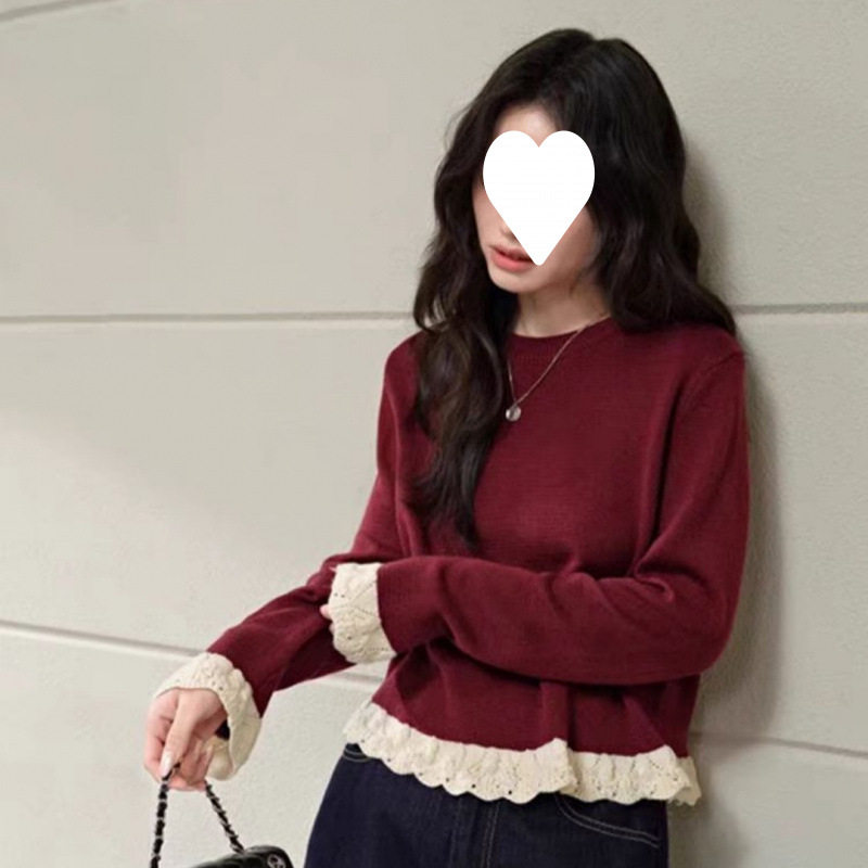 阔色红色假两件毛衣女秋季新款黑色镂空花边针织打底上衣秋冬