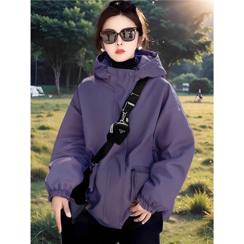 紫色短款冲锋衣外套女秋2025新款超火漂亮休闲宽松夹克棉衣棉服