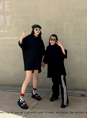 1111大促LBQ原创亲子 不一样的亲子装 时髦百搭宽松版黑色大裙T