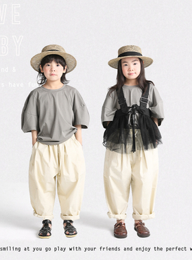 1111大促LBQ原创童装 夏季高端亲子中性日系时髦洋气灰色圆领蓬袖
