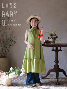 LBQ原创童装 「高定度假特辑」纯天丝清新绿色挂脖连衣裙