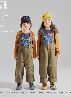 1111大促LBQ原创童装超酷军绿色工装裤背带裤休闲阔腿透气棉童装