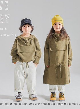 1111大促LBQ原创童装  日系文艺范儿军绿色进口天丝连帽工装外套