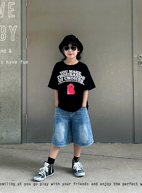 1111大促LBQ原创童装  7A抗菌棉软黑色宽松印花T恤+牛仔裤组