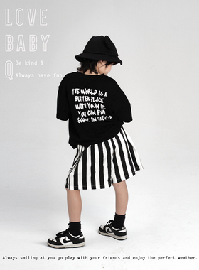 1111大促 Love Baby Q 原创童装  日系时髦阔型百搭黑色条纹短裤