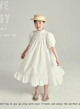 1111大促LBQ原创童装高密纯棉贡缎蓬蓬袖宫廷风公主裙白色连衣裙