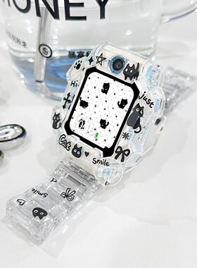 适用小天才D3电话Z12手表表带D5D2AZ6卡通黑色小猫创意防摔保护壳