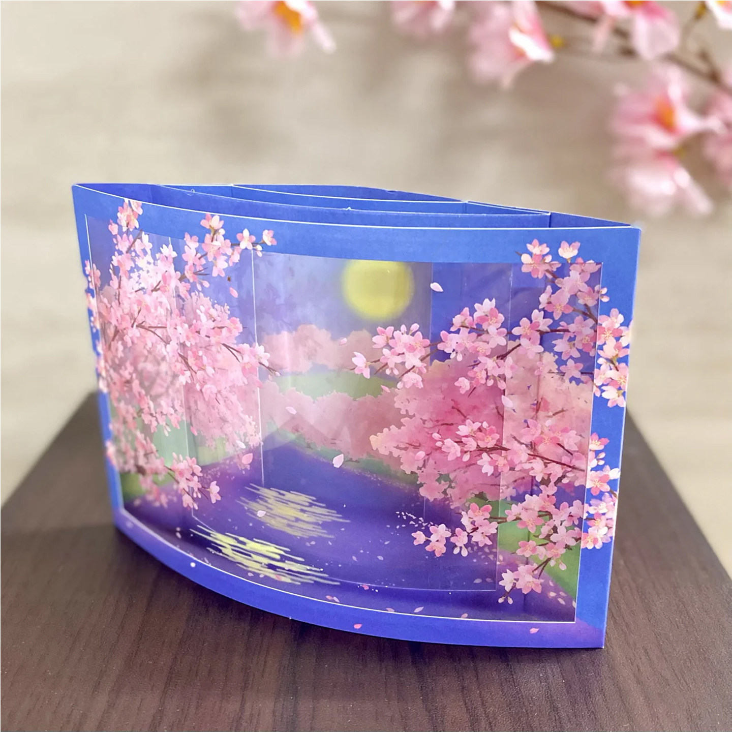 日本新款新中式PVC樱花折叠贺卡卡片蓝色文艺风夜景装饰节日创意