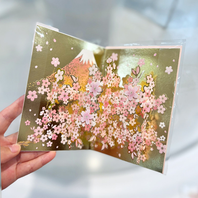 日本新款春季限定富士山樱花立体折叠生日带信封装饰唯美祝福卡片