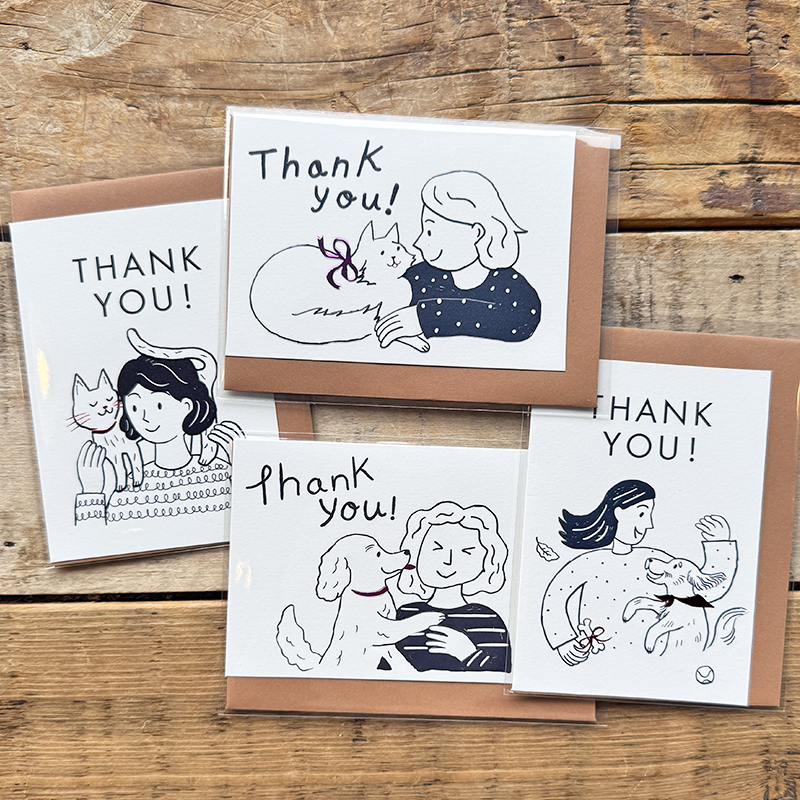 日本新款迷你简约对折感恩心意小卡片宠物猫狗子玩耍感谢手写贺卡