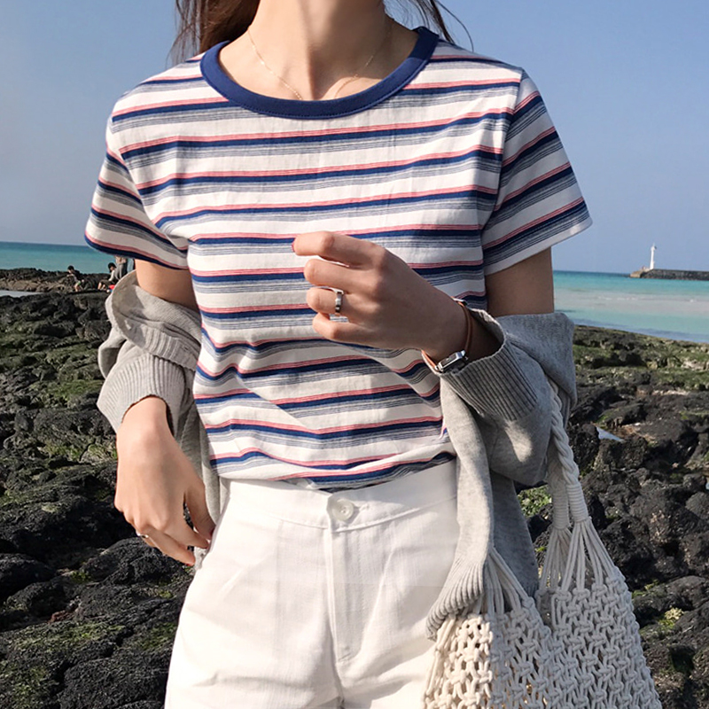 条纹T恤女夏季韩版新款短袖半袖体恤圆领纯棉打底衫宽松百搭上衣