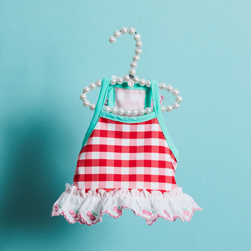 燕子萌宠屋韩国代购 louisdog宠物猫狗樱桃格子蕾丝边背心