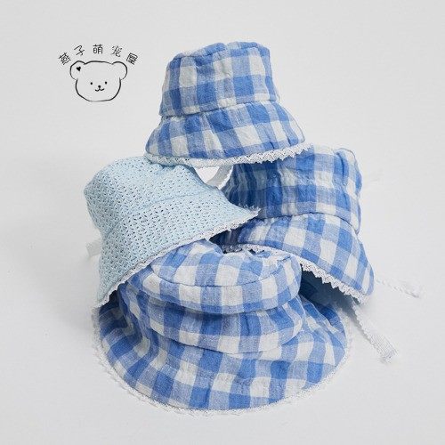 燕子萌宠屋韩国代购louisdog宠物猫狗经典格子双面渔夫帽蕾丝带子