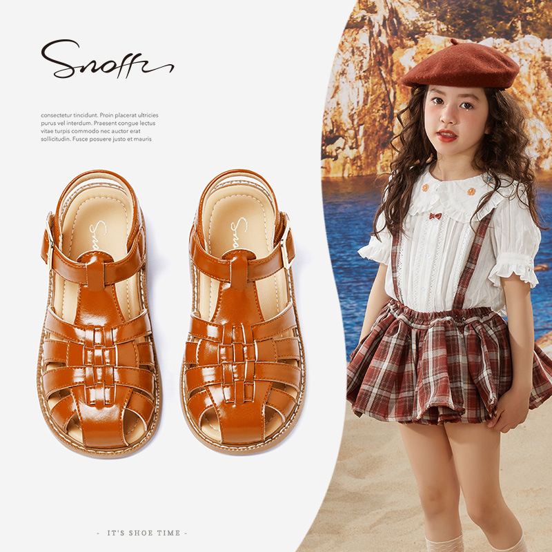 斯纳菲夏季新款女童凉鞋包头罗马鞋男童凉鞋棕色百搭白色中小童鞋