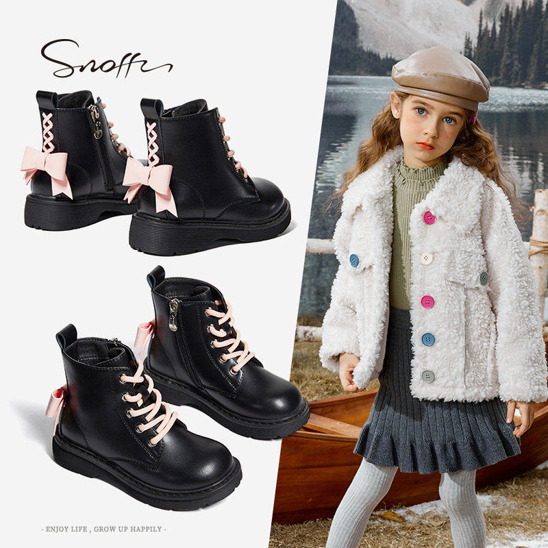 斯纳菲冬季女童马丁靴秋季单靴加绒黑色儿童短靴二棉保暖靴子棉靴