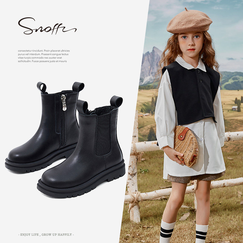 斯纳菲女童马丁靴真皮短靴单靴黑色秋冬新款亲子加绒棉靴儿童靴子