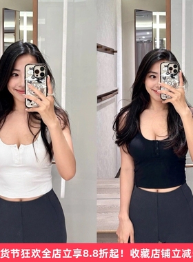 新款亨利瑜伽背心女带bra修身运动内衣高弹罗纹针织纽扣打底衫