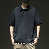 男短袖 夏季 新款 泡泡纱肌理感冰丝polo衫 潮牌黑色翻领宽松大码 T恤