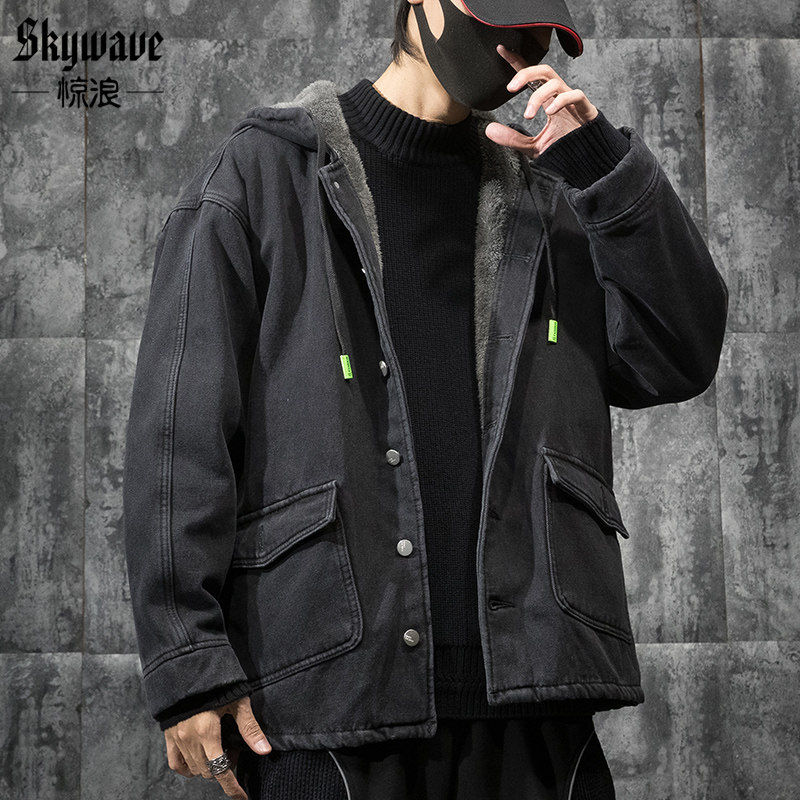 羊羔绒外套男宽松加大码冬季加绒加厚牛仔棉服连帽棉衣工装夹克潮