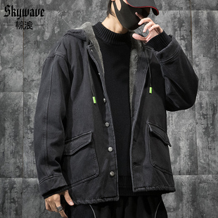 夹克潮 加绒加厚牛仔棉服连帽棉衣工装 羊羔绒外套男宽松加大码 冬季