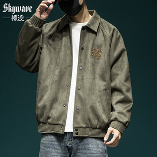 复古休闲外套 翻领棒球服潮流美式 高级感新款 麂皮绒夹克男宽松大码